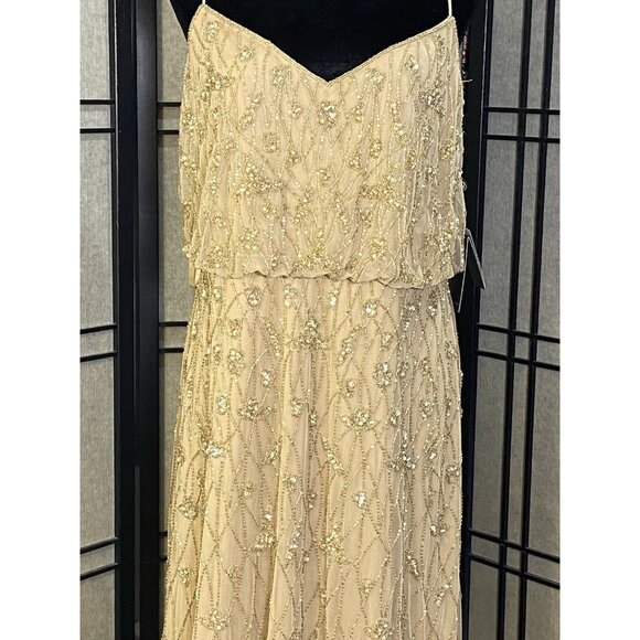 Adrianna Papell Beaded Blouson Long Gown Formal Wedding Sz 12 Champagne Gold - Picture 2 of 16